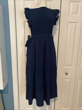Navy Ruffle-Sleeve Maxi Dress